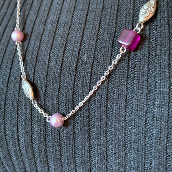 2x18$ ๐ ๐ CREATION - Purple & violet pearl Silver tone chains Beaded Necklace - Picture 5 of 7